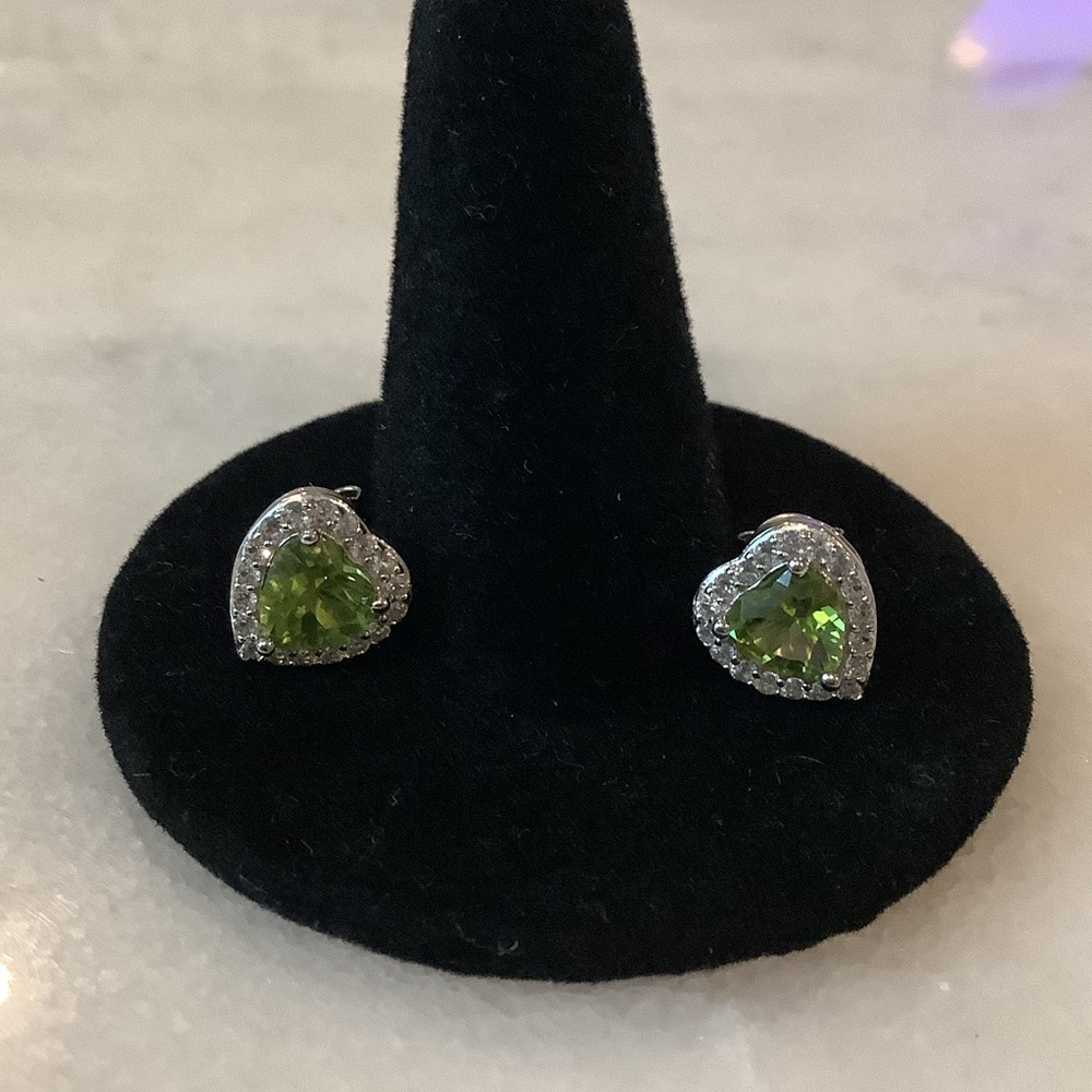 Heart-Shaped Green Crystal Stud Earrings in Sterling Silver, Brand New